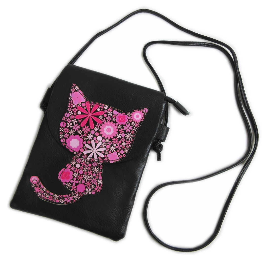バッグ ポシェット ショルダー 和柄 黒色地花柄猫ねこピンク ファスナー 着物 浴衣 女性用 レディース 子供用 キッズ ネコ柄