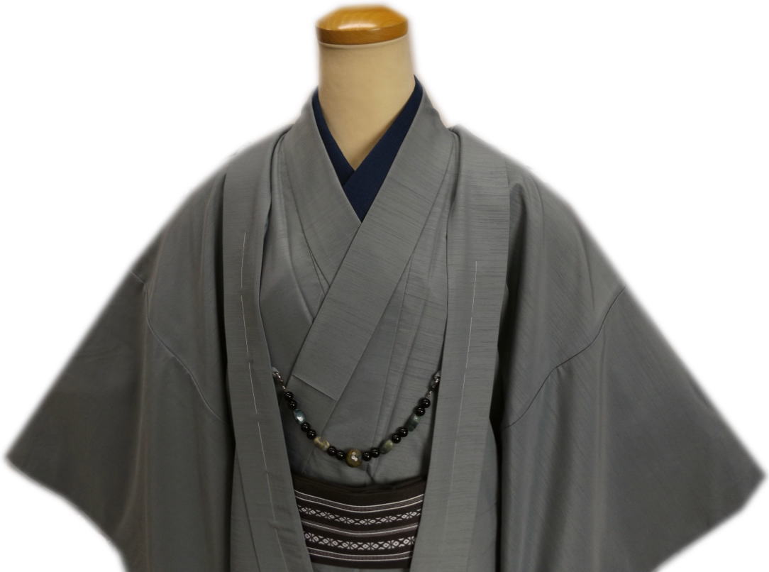 着物 袷 メンズ 男性 お仕立て上がり 5点セット グレー M 羽織 羽織紐 ワンタッチ角帯 半襦袢 お正月 記念日 男物 紳士用 洗える 無地