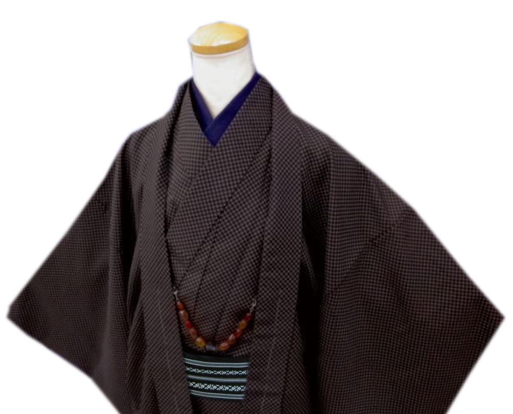着物 袷 メンズ 男性 お仕立て上がり 5点セット 茶黒市松 M 羽織 羽織紐 ワンタッチ角帯 半襦袢 お正月 記念日 男物 紳士用 洗える 無地