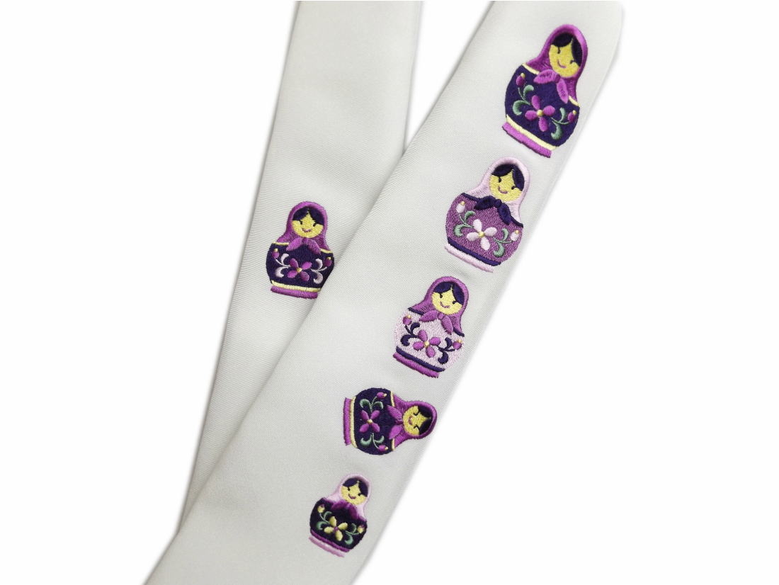 半衿 半襟 刺繍 白色地 マトリョーシカ紫 カジュアル 着物 小紋 洗えるきもの 女性用 レディース