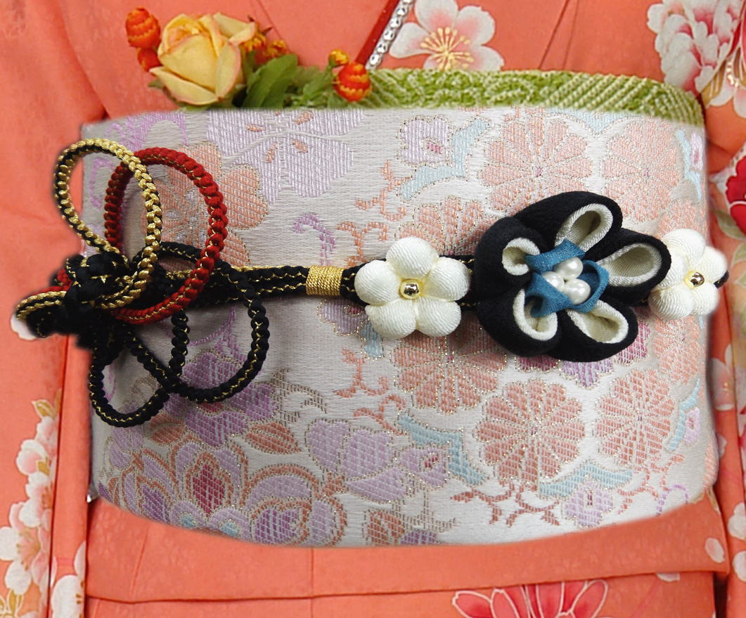 帯締め 帯〆 パール梅飾り 黒金 先割れ 3色使い 正絹 振袖 成人式 着物