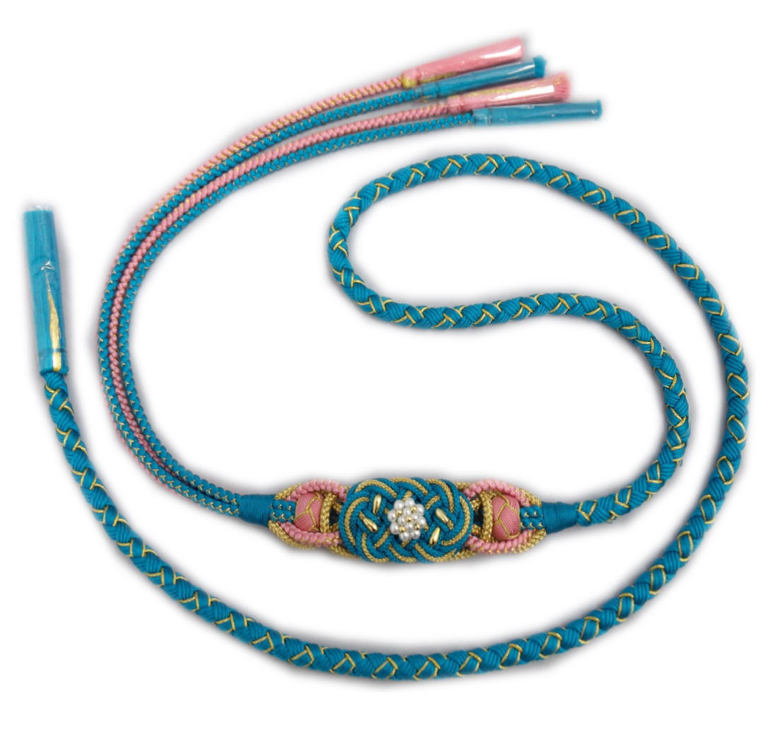 帯締め 帯〆 結び花パール ピンク珠 飾り付 ターコイズブルー金 先割れ 2色使い 正絹 振袖 成人式 着物 青色のサムネイル