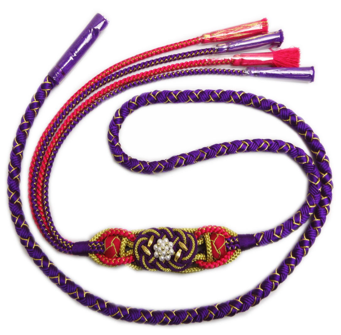 帯締め 帯〆 正絹 結び花パール ワイン珠 飾り付 紫色金 先割れ 2色使い 振袖 成人式 着物 帯じめ 振袖用 きもの