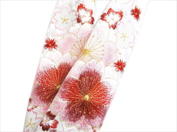 刺繍半衿半襟白色地赤ピンク大輪八重桜汕頭桜 振袖成人式&卒業式袴・着物に