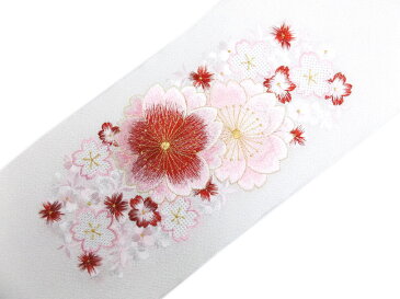 刺繍半衿半襟白色地赤ピンク大輪八重桜汕頭桜 振袖成人式&卒業式袴・着物に