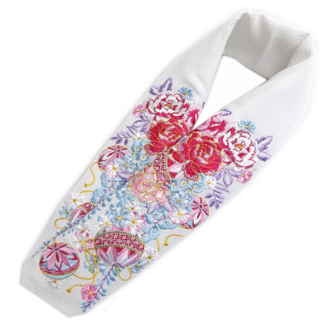 半衿 半襟 刺繍 白色地ピンク牡丹鞠水色藤 振袖 成人式 卒業式 袴 着物 日本製 洗える 女性用 レディース 振袖用 きもの はかま