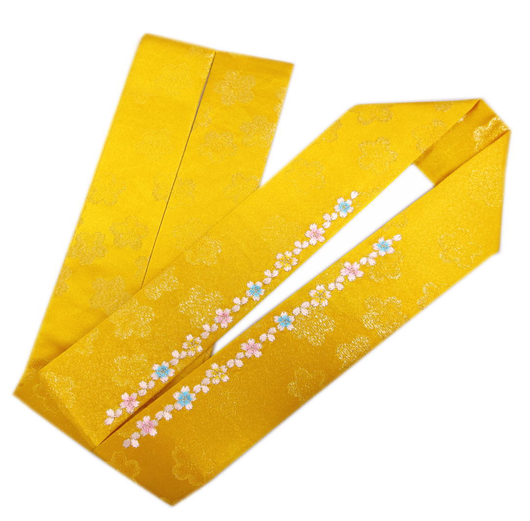 重ね衿 伊達襟 桜刺繍 さくらラメ地紋入り 黄色 正絹 日本製 振袖 成人式 卒業式 袴 着物 リバーシブル きもの シルク