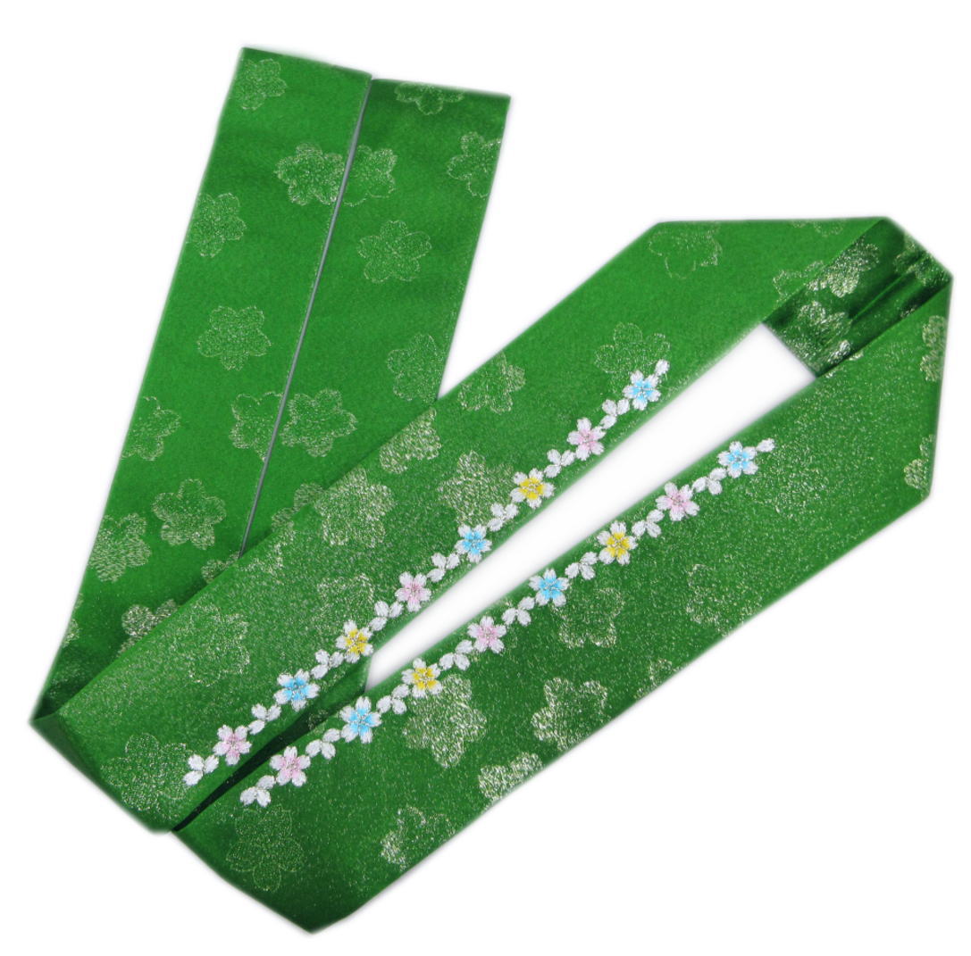 重ね衿 伊達襟 桜刺繍 さくらラメ地紋入り 緑色 正絹 日本製 振袖 成人式 卒業式 袴 着物 リバーシブル きもの シルク グリーン