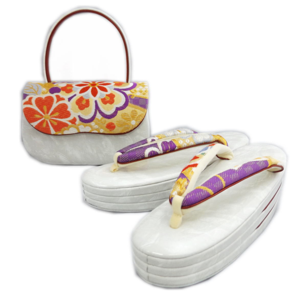 草履バッグセット 帯地 フリー 24.5cm 日本製 オフホワイトマーブル台金地花紋様 振袖 成人式 卒業式 袴 着物 訪問着 きもの 振袖用 はかま ハカマ 24cm