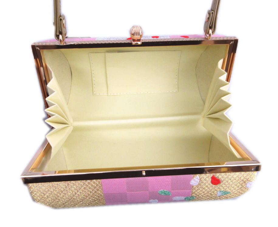 バッグ 手提げ 正絹帯地 金糸銀糸入り 横丸型 ピンク金銀市松地桜花びら 日本製 振袖 成人式 卒業式 袴 着物 単品 振袖用 きもの はかま ハカマ 和装 女性用 レディース シルク 桜柄 さくら 古典柄