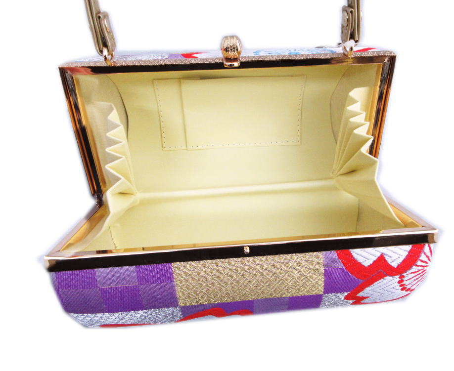 バッグ 手提げ 正絹帯地 金糸銀糸入り 横丸型 薄紫金銀市松地桜花びら 日本製 振袖 成人式 卒業式 袴 着物 単品 振袖用 きもの はかま ハカマ 和装 女性用 レディース シルク 桜柄 さくら 古典柄