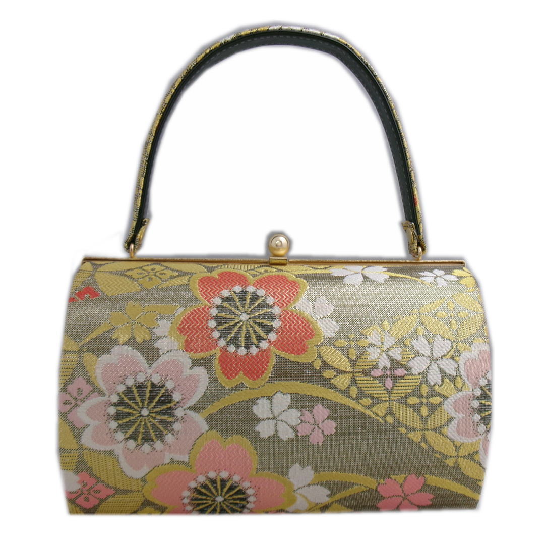 バッグ 手提げ 帯地 金糸入り 金黒地桜七宝 日本製 振袖 成人式 卒業式 袴 着物 単品 振袖用 きもの はかま ハカマ 和装 女性用 レディース 桜柄 さくら 和柄 古典柄