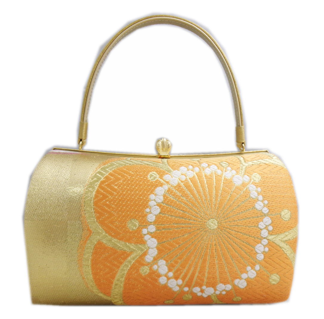 バッグ 手提げ 帯地 金糸入り 金地橙色大輪八重梅 日本製 振袖 成人式 卒業式 袴 着物 単品 振袖用 きもの はかま ハカマ 和装 女性用 レディース 和柄 古典柄