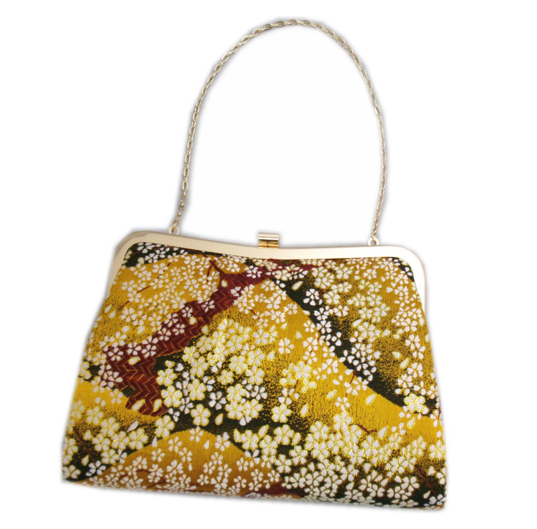 バッグ 手提げ クラッチ 帯地 金糸入り 金茶黒エンジ地桜さくら 日本製 振袖 成人式 卒業式 袴 着物 単品 振袖用 きもの はかま ハカマ 和装 女性用 レディース 桜柄 和柄 古典柄