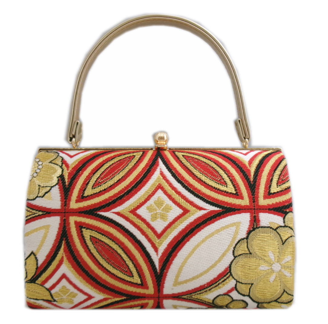 バッグ 手提げ 帯地 金糸入り 白赤黒地七宝八重桜 日本製 振袖 成人式 卒業式 袴 着物 単品 振袖用 きもの はかま ハカマ 和装 女性用 レディース 桜柄 さくら 和柄 古典柄