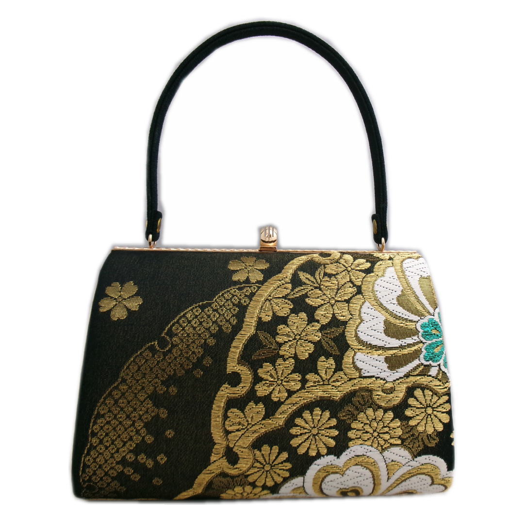 バッグ 手提げ 帯地 金糸入り 墨黒地菊花紋様桜雪輪 日本製 振袖 成人式 卒業式 袴 着物 単品 振袖用 きもの はかま ハカマ 和装 女性用 レディース 和柄 古典柄 黒色