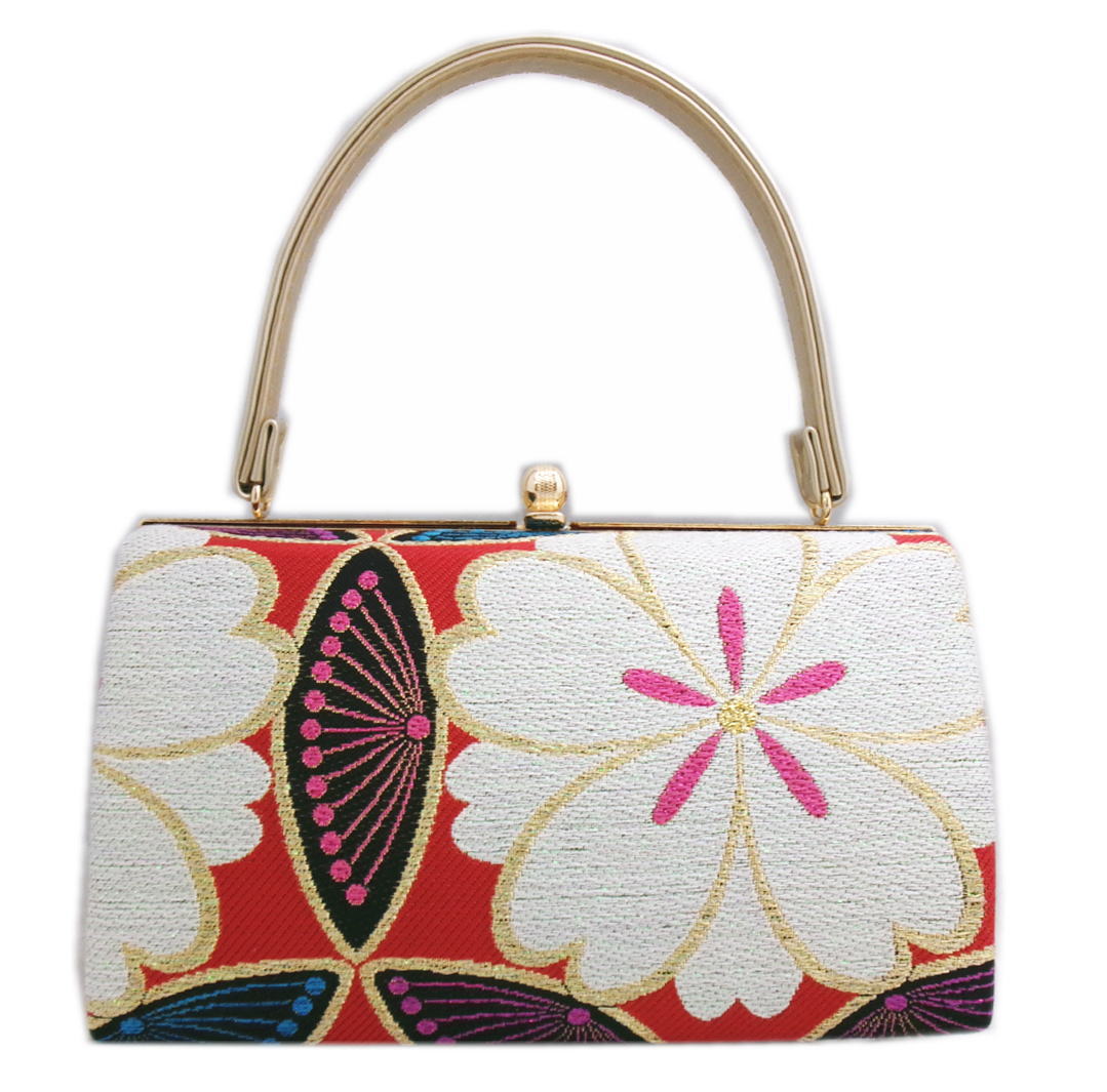 バッグ 手提げ 帯地 金糸入り 赤色地大輪ラメ白八重桜 日本製 振袖 成人式 卒業式 袴 着物 単品 振袖用 きもの はかま ハカマ 和装 女性用 レディース 桜柄 さくら 和柄 古典柄