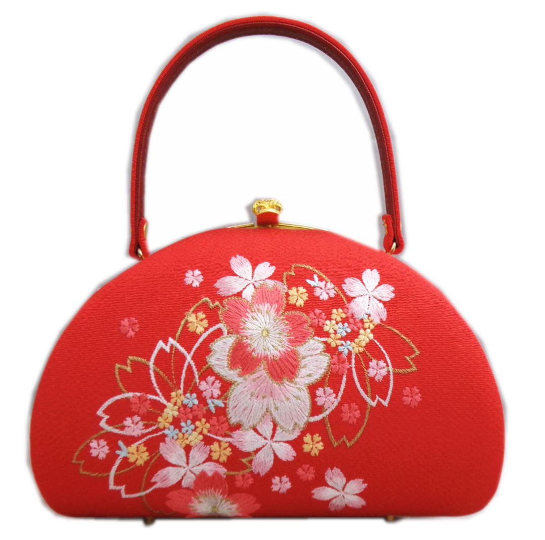 バッグ 手提げ ちりめん 刺繍入り 金糸入り 朱赤色地桜小さくら 日本製 振袖 成人式 卒業式 袴 着物 単品 振袖用 きもの はかま ハカマ 和装 女性用 レディース 桜柄 和柄 古典柄