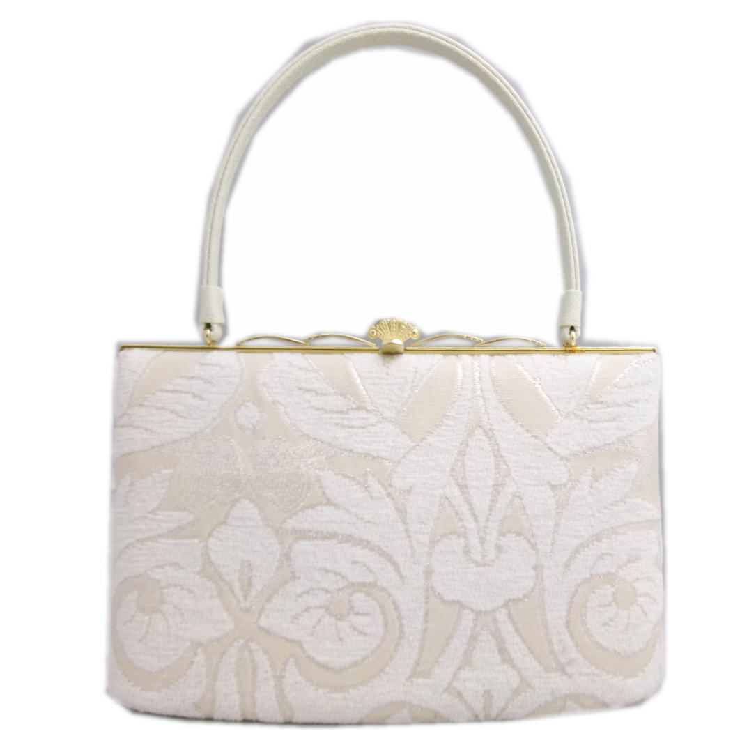 バッグ 手提げ 帯地 銀糸入り 薄ベージュ地モール織白大輪華唐草 日本製 振袖 成人式 卒業式 袴 着物 単品 訪問着 色無地 振袖用 きもの はかま ハカマ 和装 女性用 レディース 和柄 古典柄