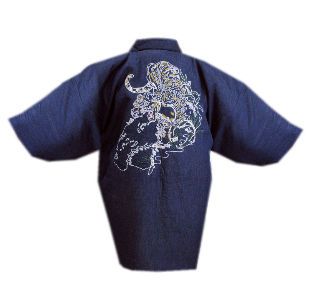 半天 はんてん メンズ 男性用 刺繍入り デニム調 紺色地虎 フリー(M-L) 袢纏 綿入 男物 紳士用 虎柄 トラ 和柄