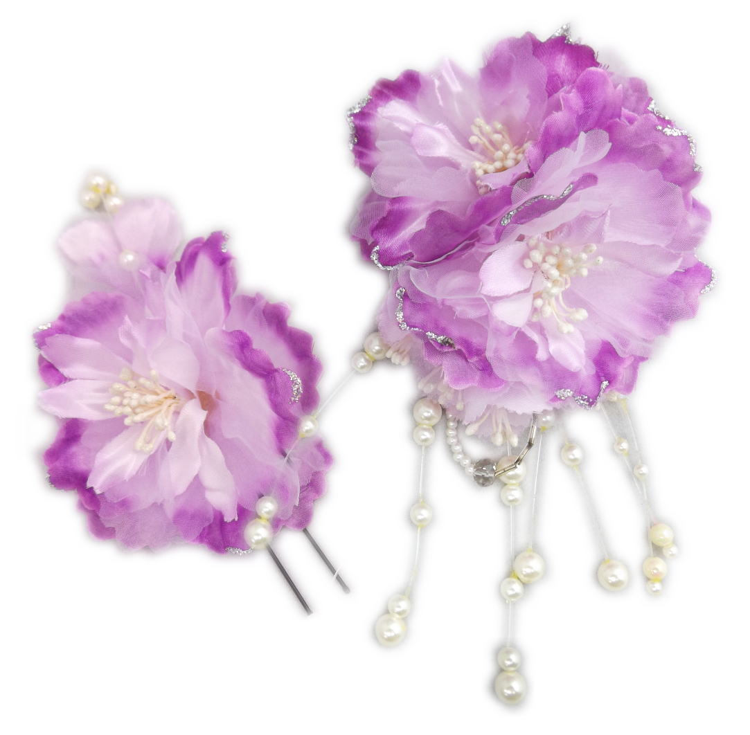 髪飾り 髪かざり コサージュ 2点セット 紫可憐花パールビーズ 振袖 成人式 卒業式 袴 結婚式 着物 きも..