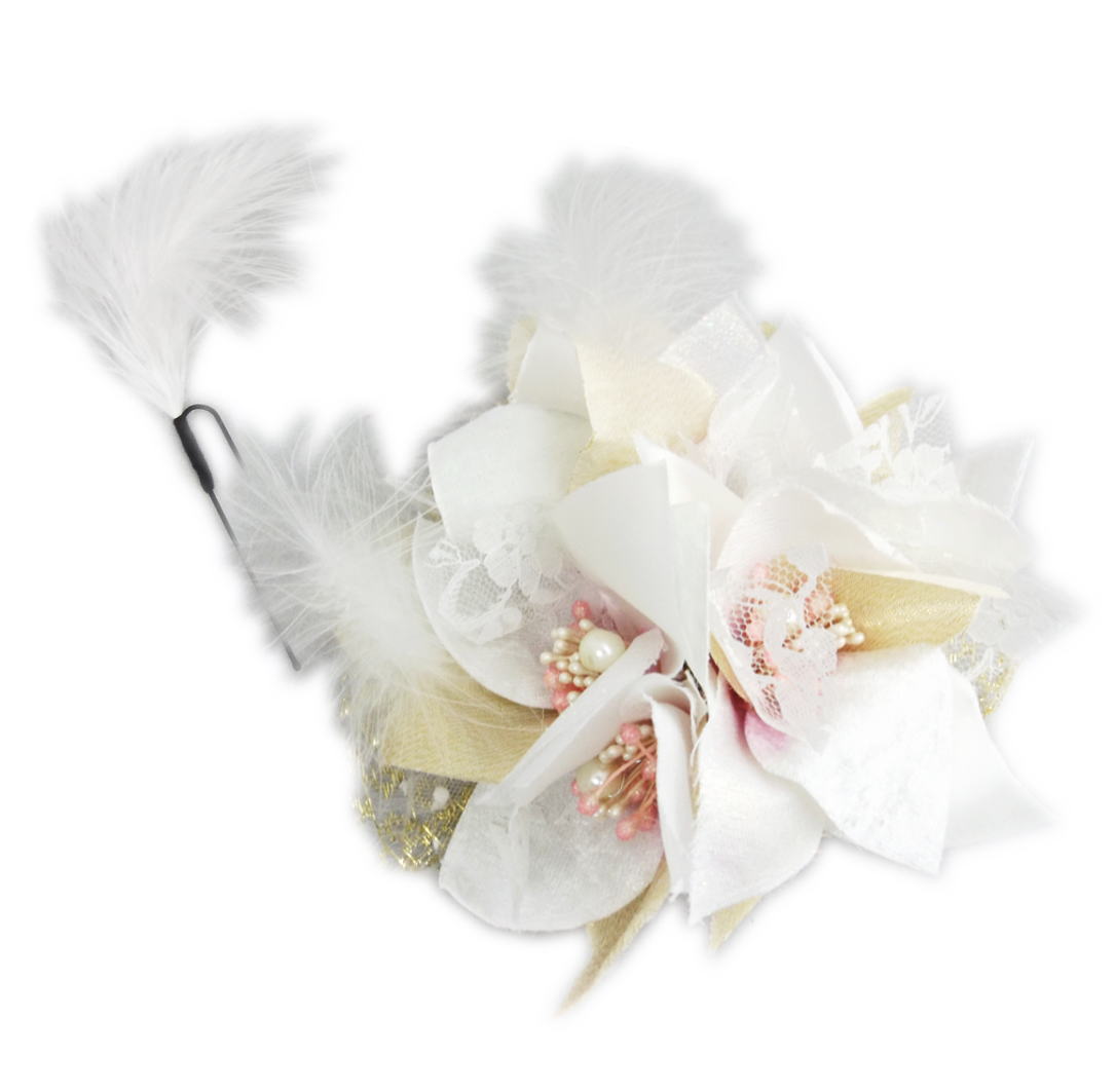 髪飾り 髪かざり コサージュ 2点セット 白＆薄金可憐花レース羽根 振袖 成人式 卒業式 袴 結婚式 着物 ..