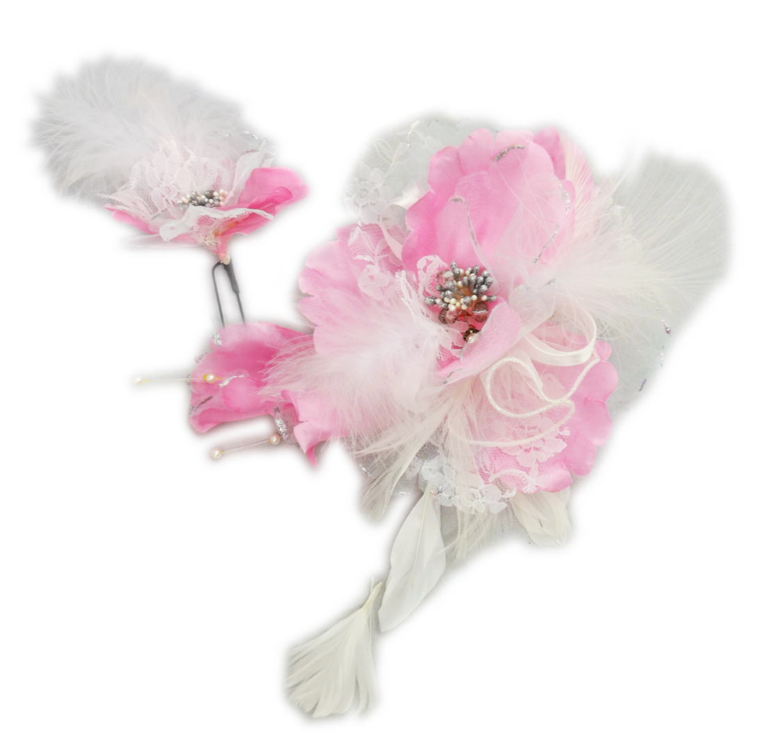 髪飾り 髪かざり コサージュ 2点セット ピンク可憐花レース羽根 振袖 成人式 卒業式 袴 結婚式 着物 き..