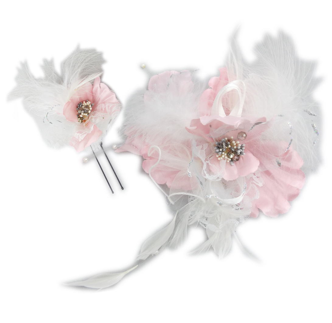 髪飾り 髪かざり コサージュ 2点セット 薄ピンク可憐花レース羽根 振袖 成人式 卒業式 袴 結婚式 着物 ..