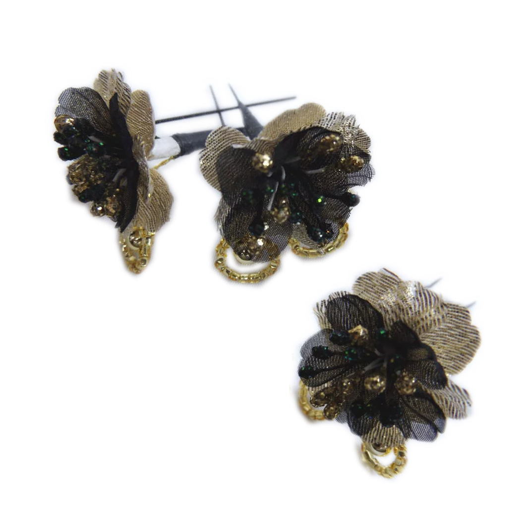髪飾り 髪かざり Uピン 3点セット 黒金ビーズラメ八重桜 振袖 成人式 卒業式 袴 結婚式 着物 浴衣 きもの ゆかた 女性用 レディース 子供用 キッズ 振袖用 はかま ハカマ