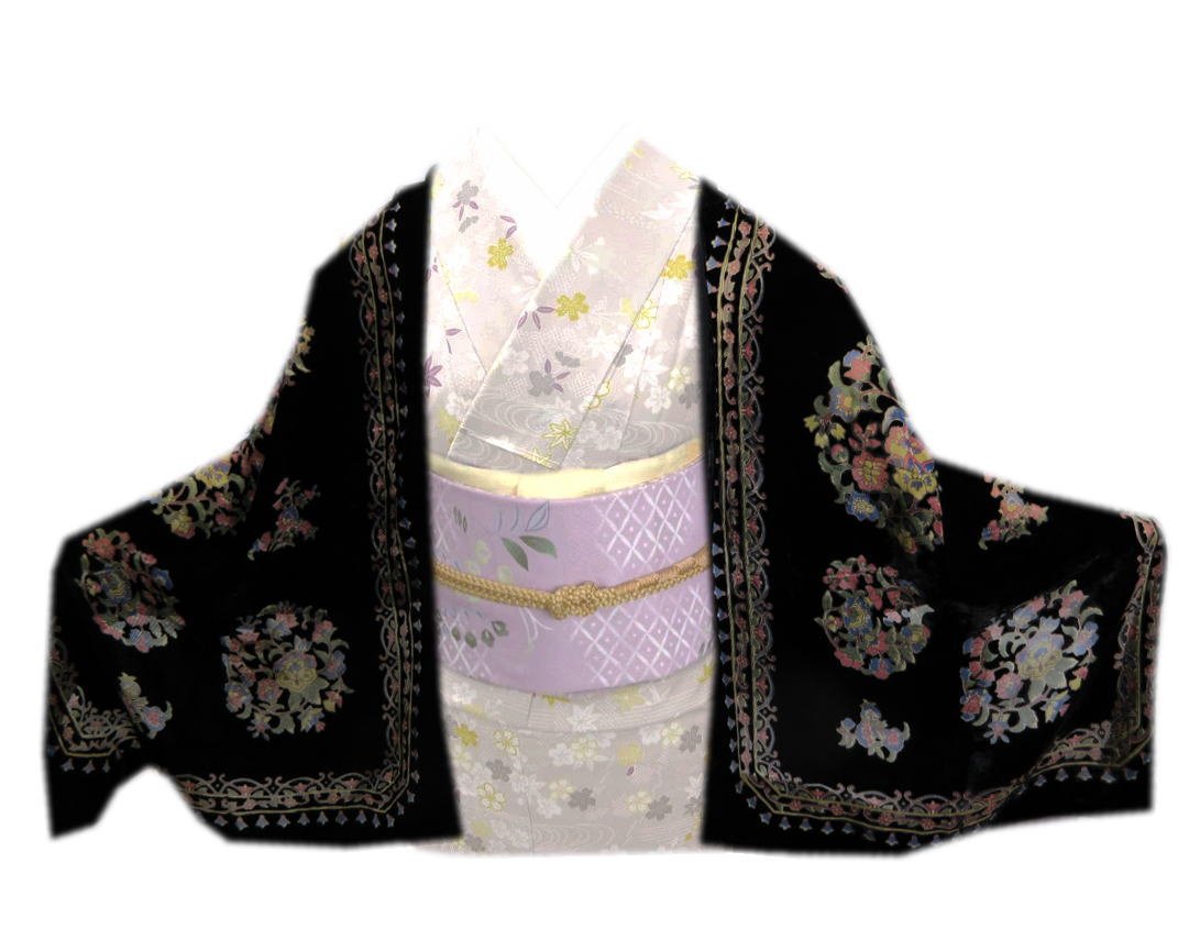 ショール 正絹 シルク ベルベット 大判 岡重ブランド ストール ひざ掛け 黒色地正倉院文様唐草ライン 化粧箱入り 和装 着物 洋服 女性用 レディース 和柄のサムネイル