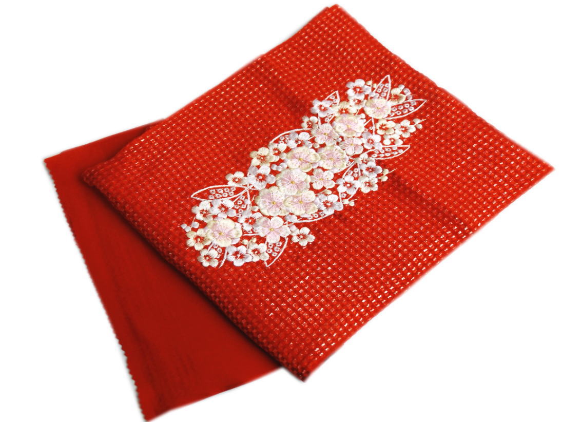 帯揚げ 帯上げ 銀通し ふくれ織 刺繍入り 正絹 赤色地八重梅枝 丹後ちりめん 日本製 振袖 成人式 着物