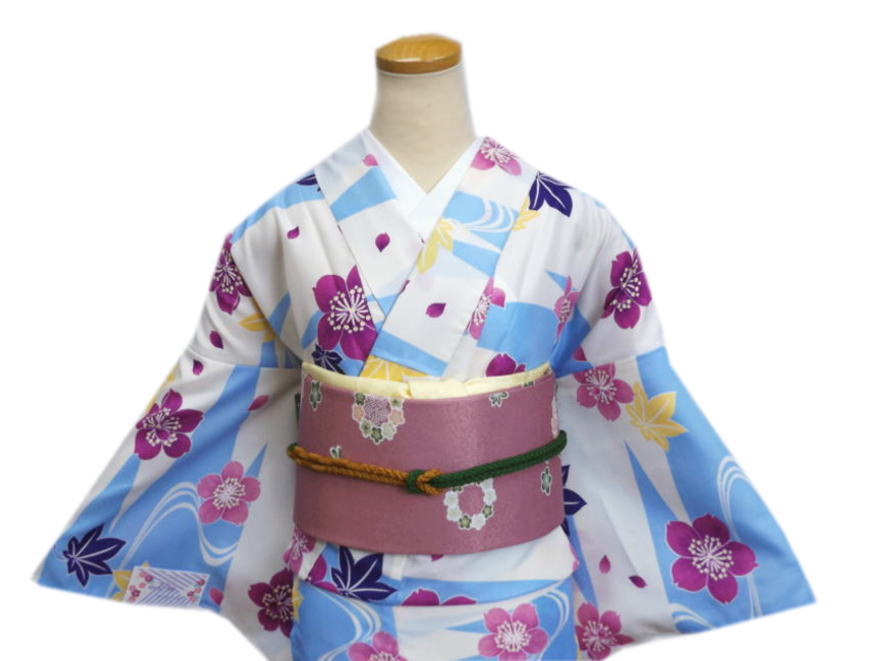 着物 洗える 単衣 小紋 と 軽装帯 付け帯 2点セット 水色白地桜楓流水 M L カジュ...