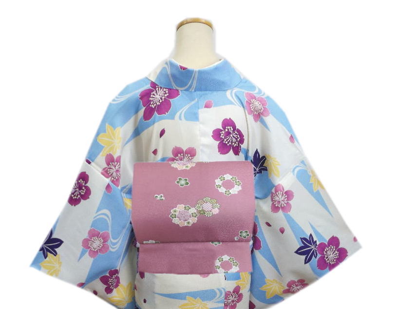 着物 洗える 単衣 小紋 と 軽装帯 付け帯 2点セット 水色白地桜楓流水 M L カジュ...