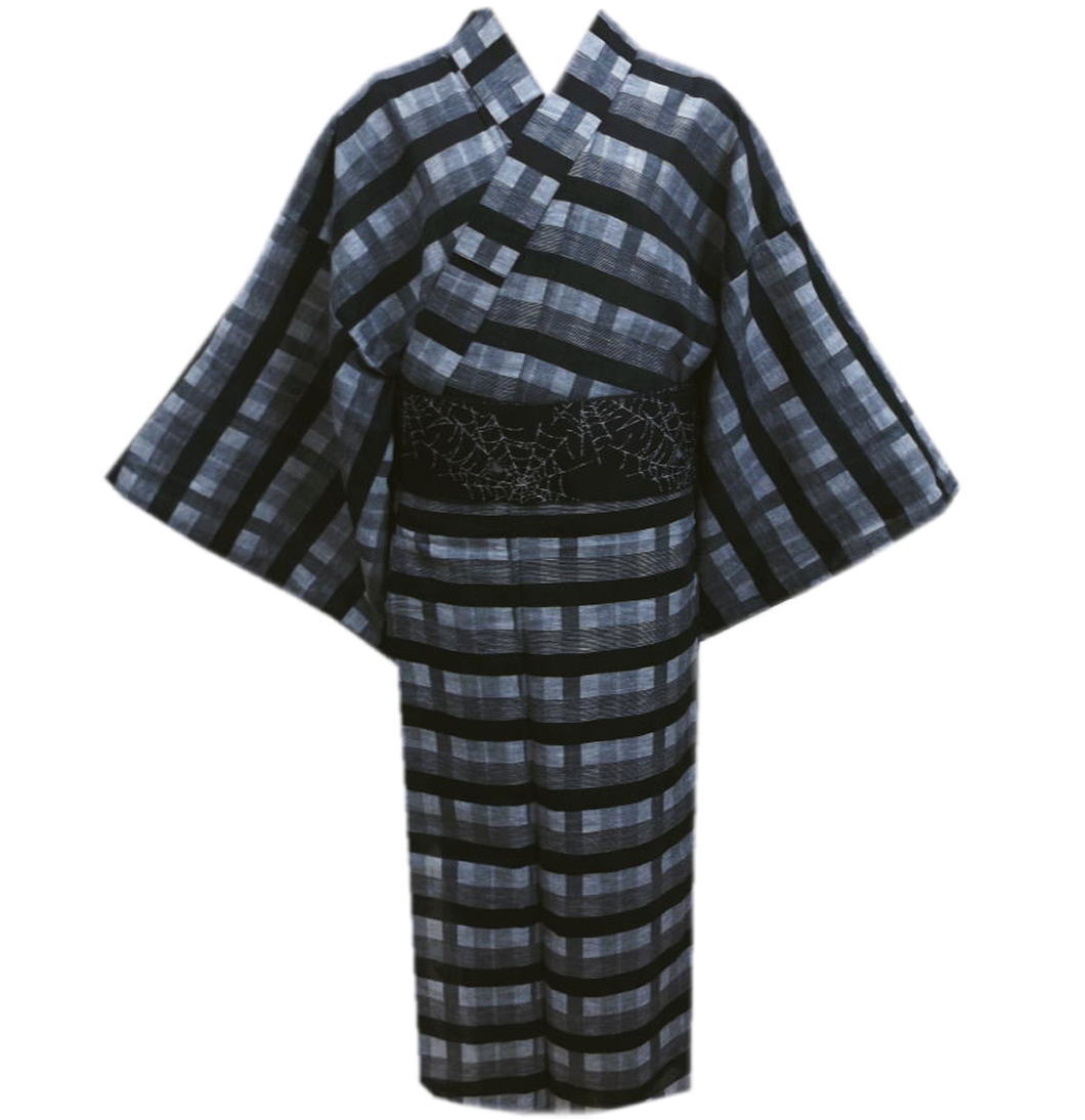 浴衣 綿麻 メンズ 男性 ワンタッチ結び角帯 2点セット グレー地黒ライン格子 M L LL 帯簡単 ゆかた 男物 紳士用 付け帯 作り帯 つくり帯 大きいサイズ 2L 粋