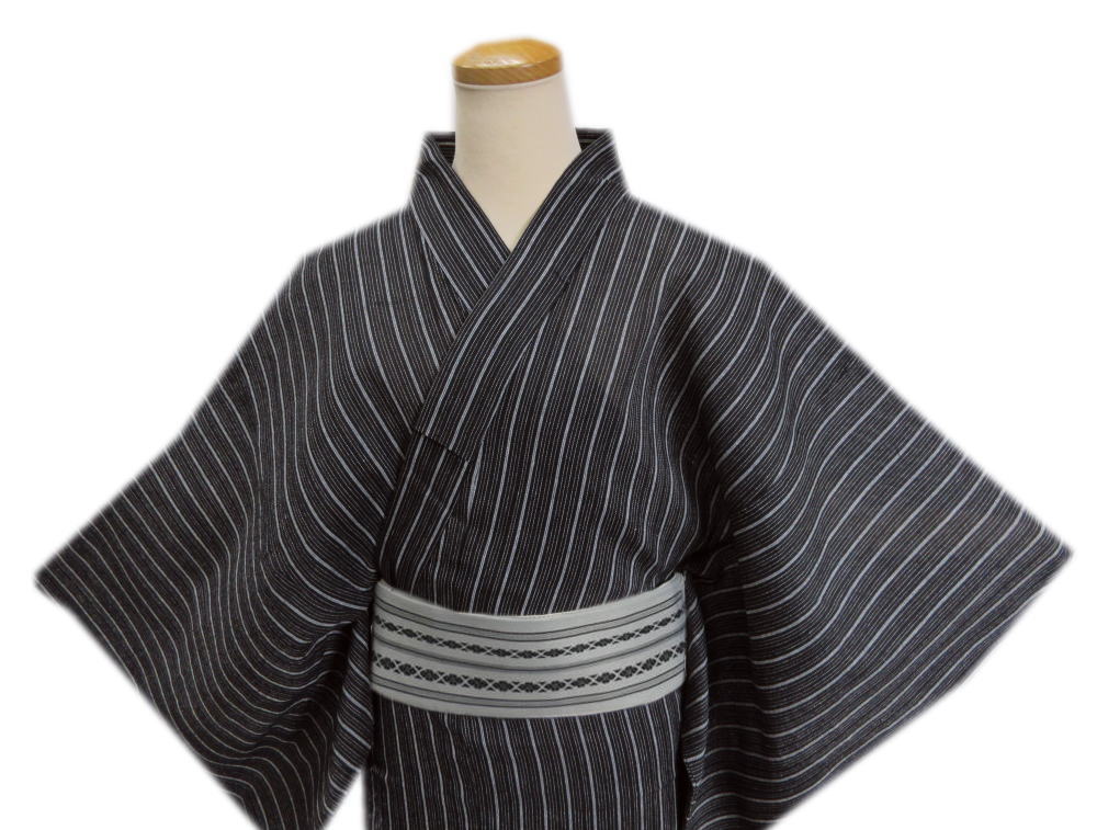 浴衣 メンズ 男性 ワンタッチ角帯 2点セット しじら織 黒色地グレーライン LL 3L 大きいサイズ 綿 帯簡単 ゆかた 男物 紳士用 付け帯 作り帯 つくり帯 2L 黒色 ビッグ