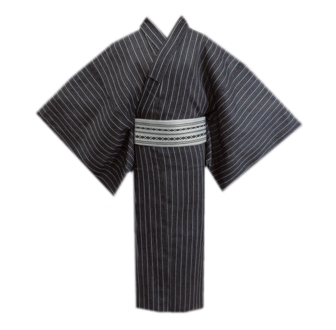 浴衣 メンズ 男性 ワンタッチ角帯 2点セット しじら織 黒色地グレーライン 4L 5L 大きいサイズ 綿 帯簡単 ゆかた 男物 紳士用 付け帯 作り帯 つくり...