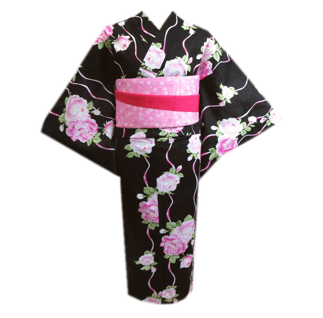浴衣 半巾帯 半幅帯 小袋 2点セット 黒色地銀ラメピンク牡丹ライン フリー 女性用 レディース ゆかた 綿