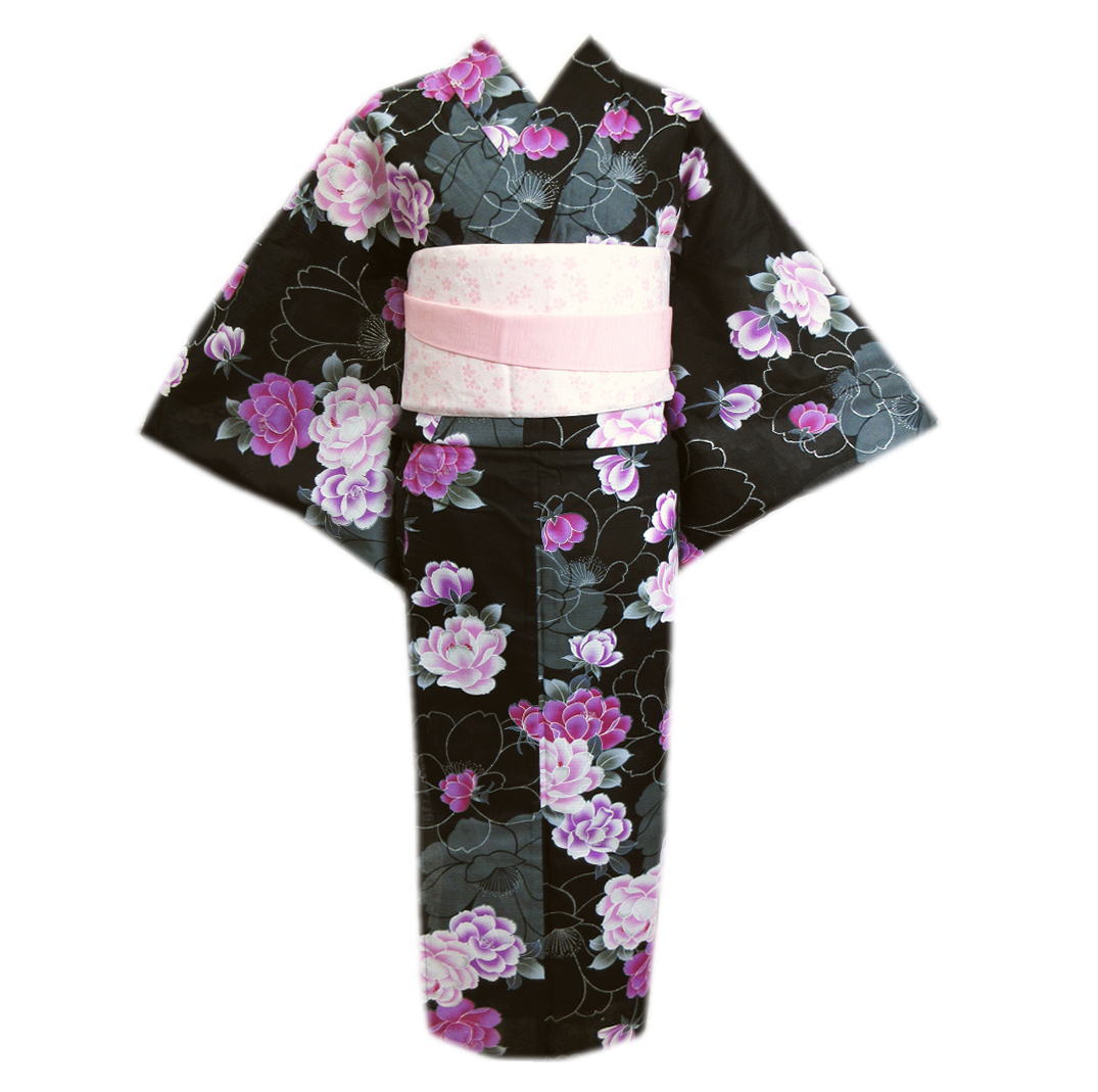 浴衣 半巾帯 半幅帯 小袋 2点セット 黒色地銀ラメ八重桜 フリー 女性用 レディース ゆかた 綿