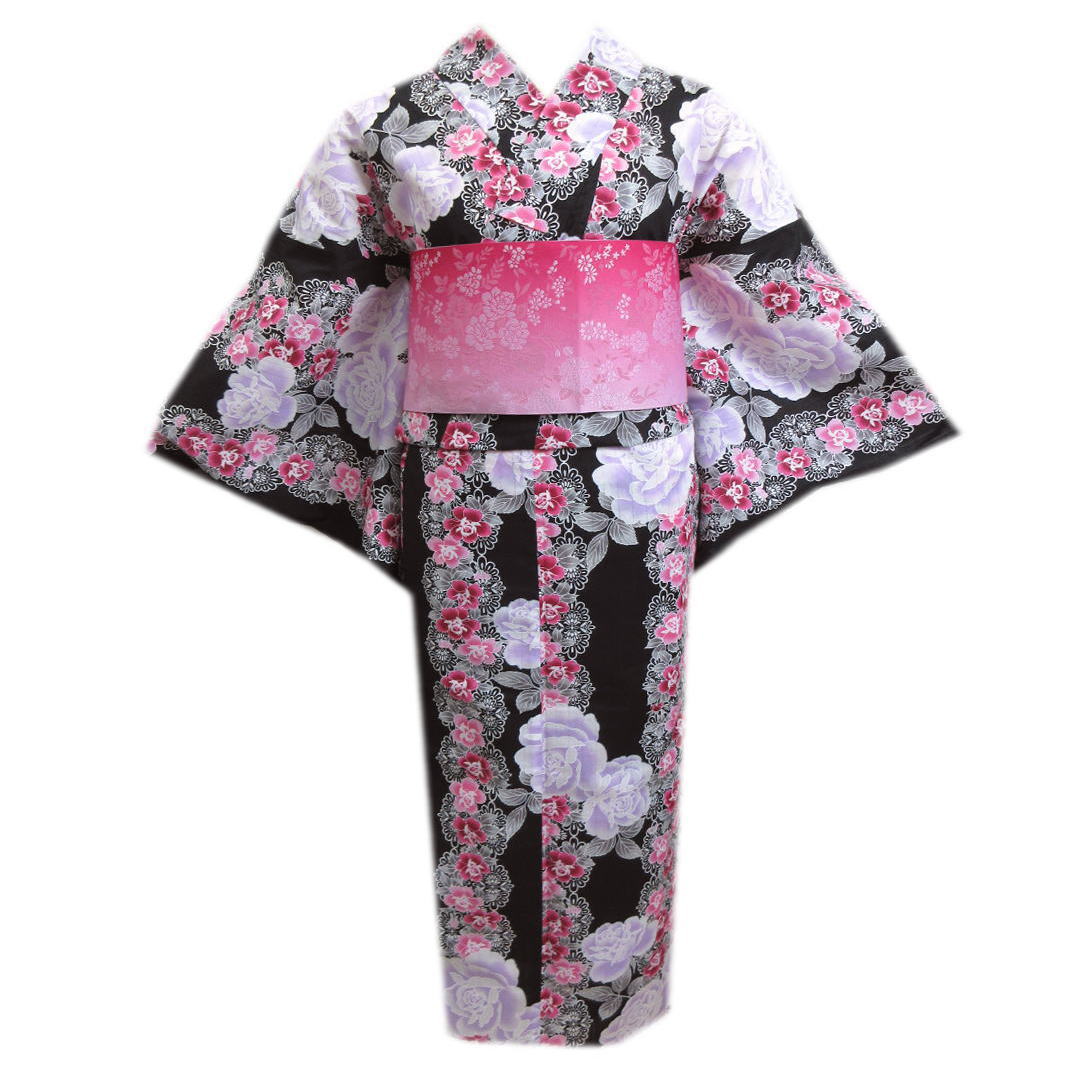 浴衣 半巾帯 半幅帯 ぼかし 2点セット 黒色地薔薇レース柄ライン フリー 女性用 レディース ゆかた 綿