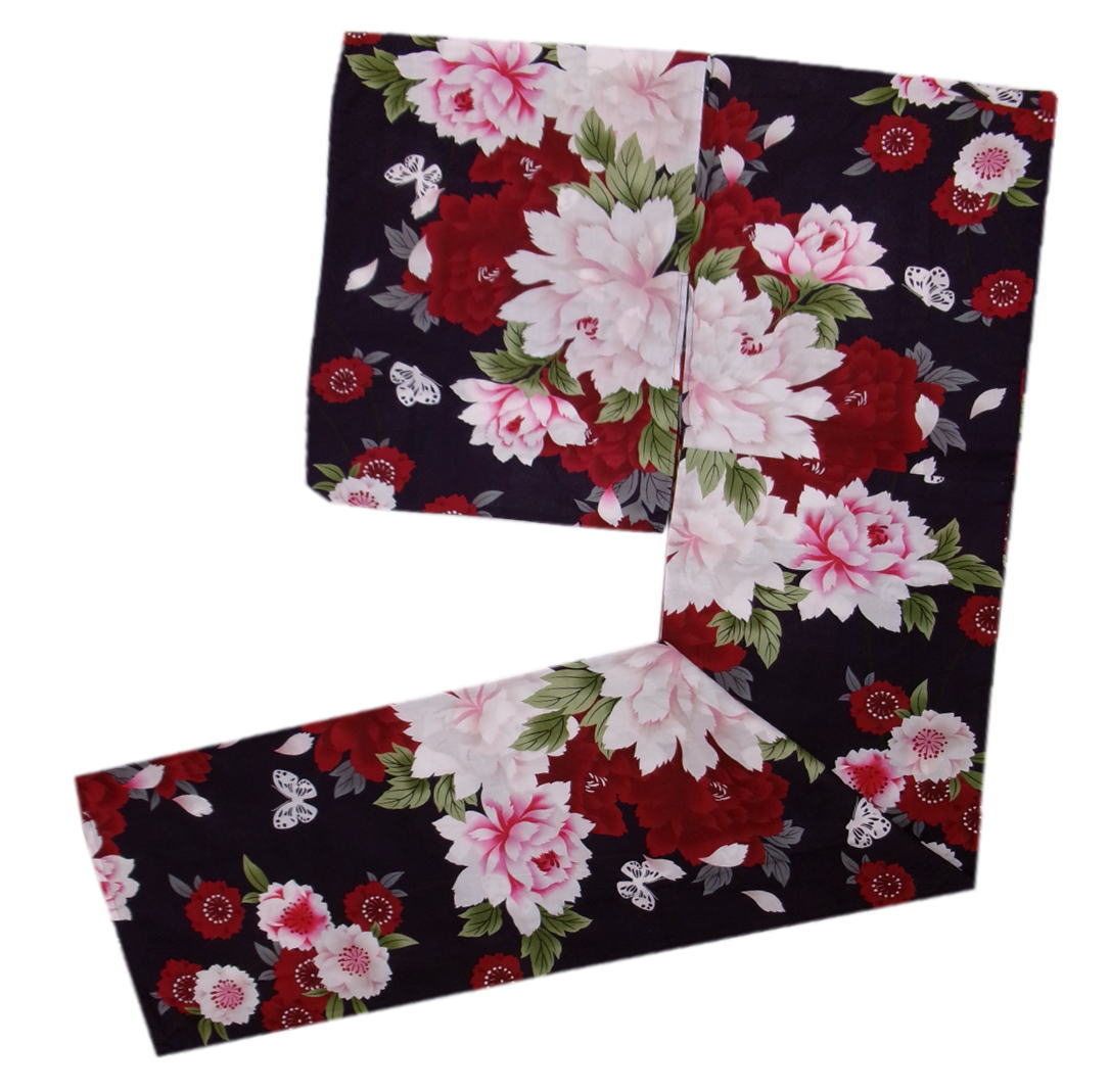 浴衣 濃紺色地牡丹八重桜蝶 フリー 女性用 単品 ゆかた レディース 綿 古典柄 和柄 桜柄 さくら 蝶柄 ネイビー