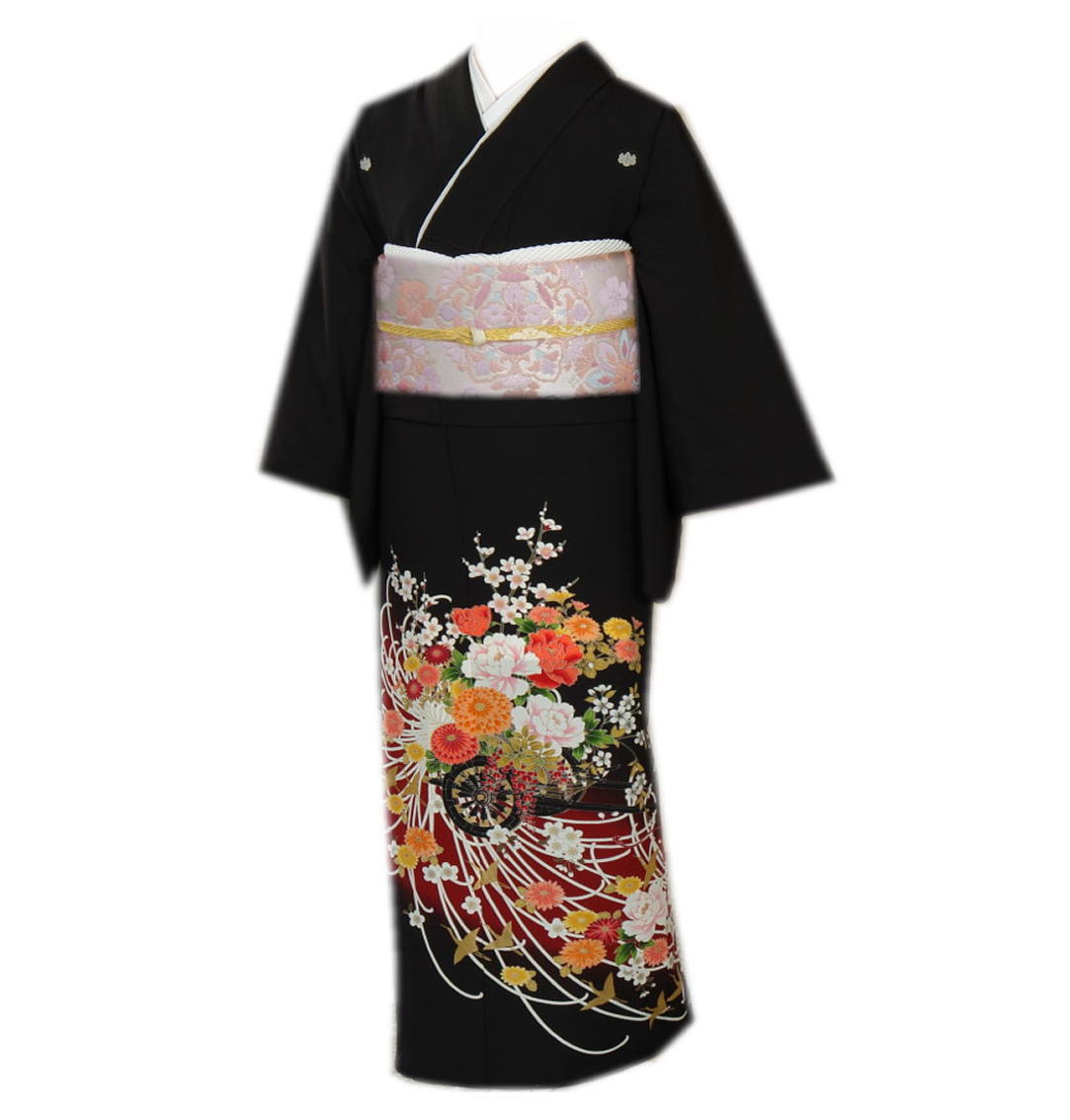 Rakuten - 黒留袖 お仕立上がり 洗える 袋帯 長襦袢 3点セット 古典花車菊梅金彩鶴 フリー 結婚式 着物 出来上がり プレタ 古典柄 お買上 購入 きもの 和服 ポリエステル