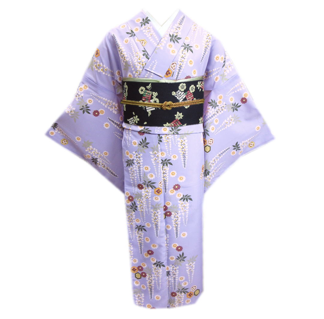 【訳有り 少難あり】 着物 洗える 袷 小紋 と 軽装帯 付け帯 2点セット R・K 薄紫色地藤小菊亀甲紋様 フリー カジュアル きもの プレタ 女性用 レディース