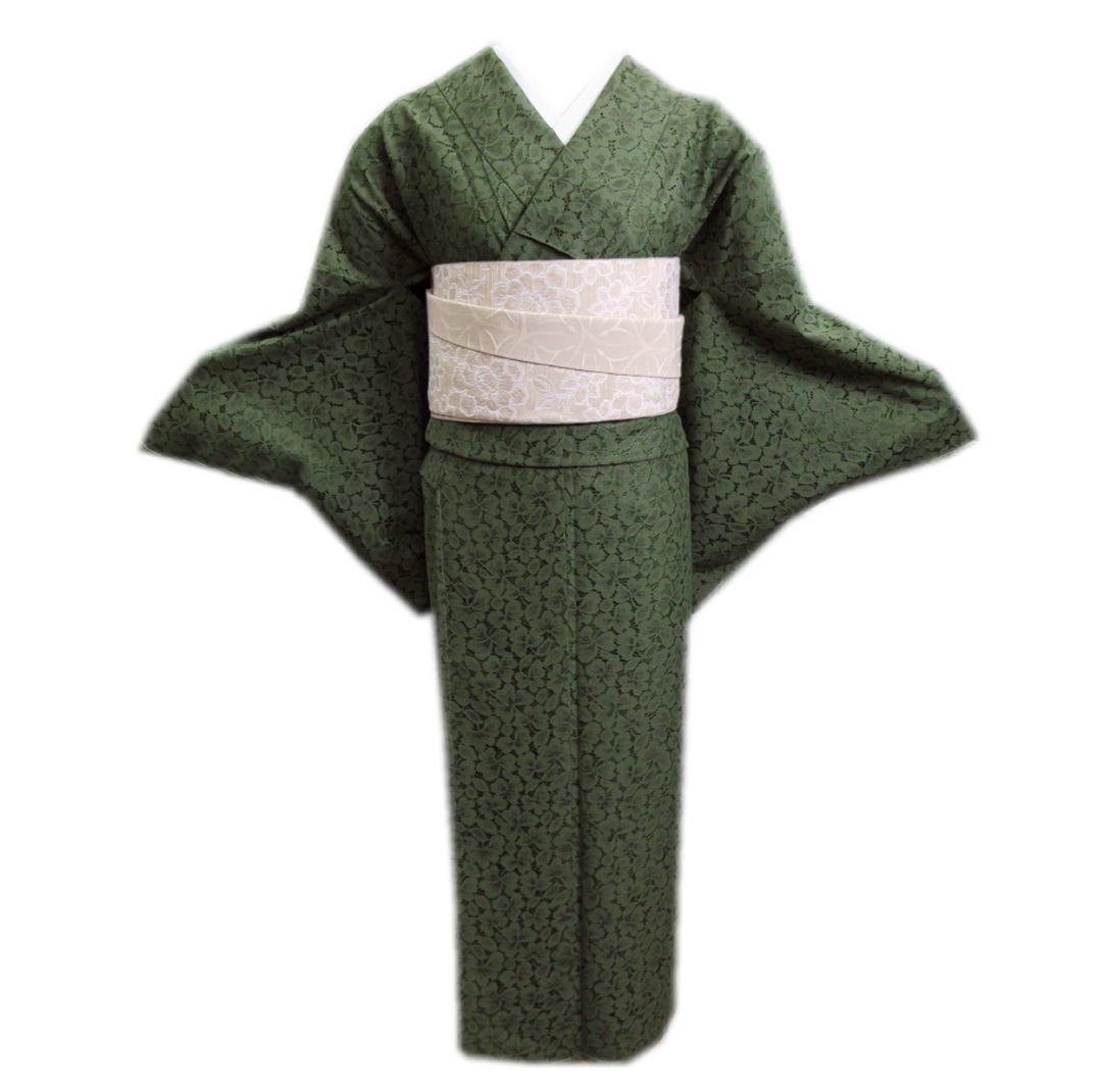 着物 レース 洗える 袷 小紋 半巾帯 細帯 2点セット 渋濃緑 フリー カジュアル きもの プレタ 半幅帯 緑色 グリーン 女性用 レディース