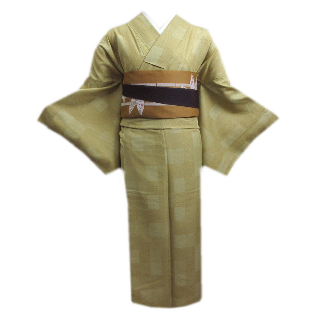 着物 洗える 袷 小紋 半巾帯 細帯 2点セット 金茶カラシ色地江戸小紋格子古典柄 M カジュアル きもの プレタ 半幅帯 女性用 レディース