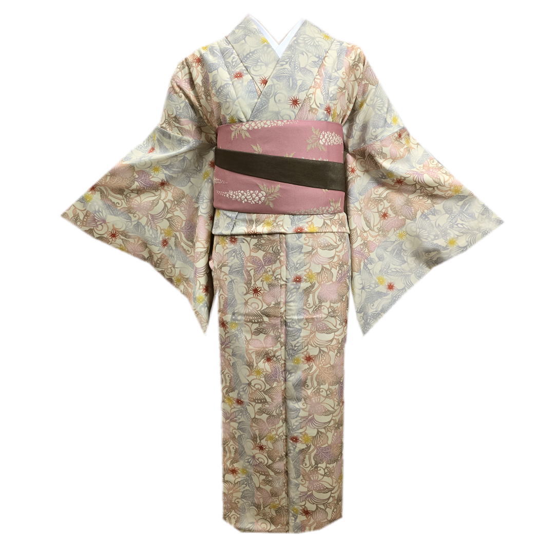 着物 洗える 袷 小紋 半巾帯 細帯 2点セット clubH・L 淡緑グレー地型染調蝶唐草 フリー 女性用 カジュアル きもの プレタ 半幅帯 レディース