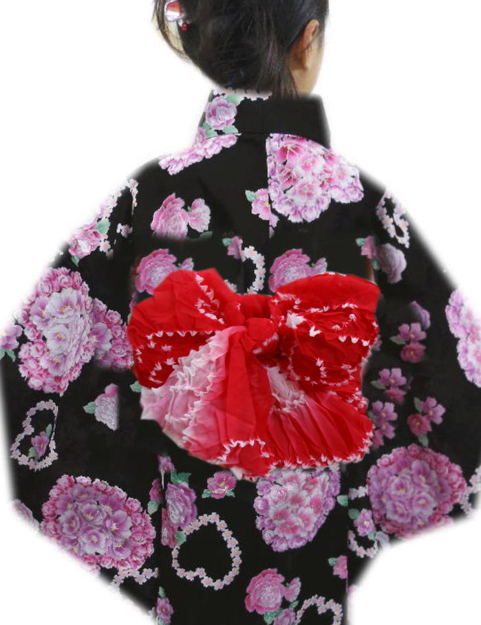 兵児帯 へこ帯 絞り 子供用 キッズ 女の子 赤色地薄ピンク 日本製 浴衣 ゆかた 着物 きもの 女児 ふわっふわ しぼり