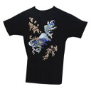 Tシャツ 女性用 和柄 半袖 立体プリント 黒色地鯉富士桜 M L LL 日本製 レディース