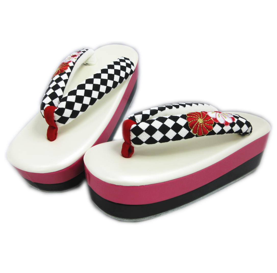 草履 ぞうり 厚底ヒール 白ピンク黒台黒白市松地菊花刺繍鼻緒 フリー 24.5cm こっぽり風 振袖 成人式 卒業式 袴 着物 2枚芯 舞妓さん 振袖用 はかま ハカマ 女性用 レディース きもの 訪問着