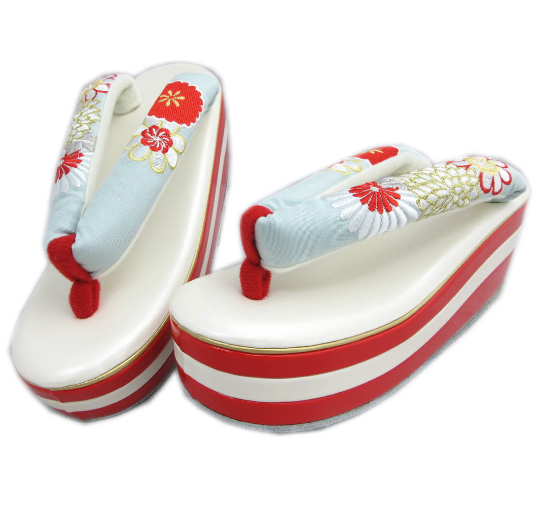 草履 ぞうり 厚底ヒール 白色赤台 淡水色地金糸入り古典花刺繍鼻緒 LL 25cm 大きいサイズ こっぽり風 振袖 成人式 卒業式 袴 着物 舞妓さん 3枚芯 振袖用 はかま ハカマ 女性用 レディース 2L