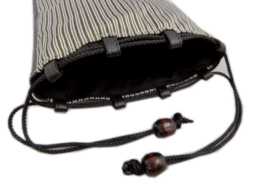 信玄袋 巾着 バッグ メンズ 男性 マチ黒編込 木玉付 濃茶グレー縞 浴衣 甚平 着物 男物 紳士用 ゆかた きもの 和装 和服 縞柄 しんげん袋